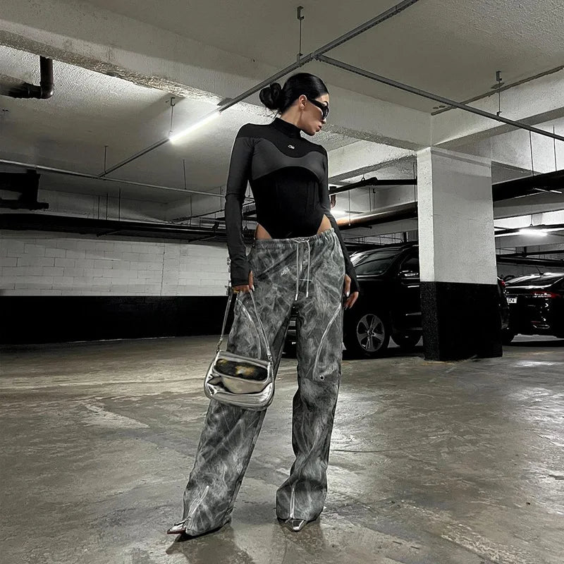 Long Sleeve Bodycon Lenceria Femenina Turtleneck Lingerie Sexy Body Feminino Black Tops Women PU Patchwork One-Pieces Bodysuit