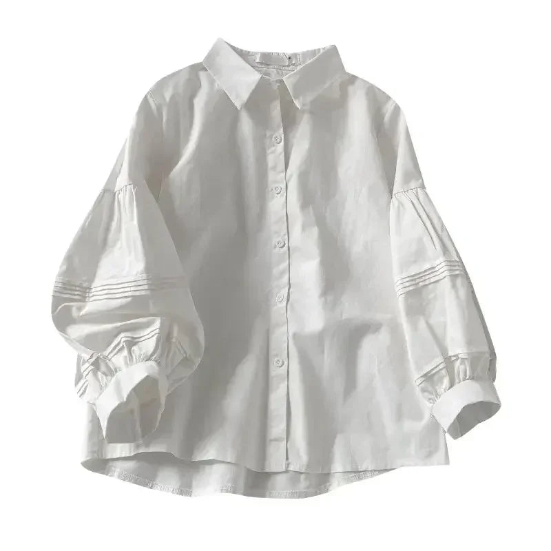 2024 Puff Sleeve Shirts Women White Turn Down Collar Preppy Sense of Design Chic Female Tops Korean Fashion Simple Summer Blouse