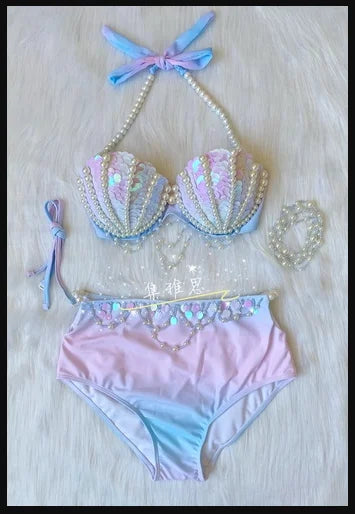 Mermaid Swimsuit Women Bikini Handmade Sequins Shell Bikini Sets Freediving Show Swimwear Tassel Beading Chest Pad Cos Bar Bra