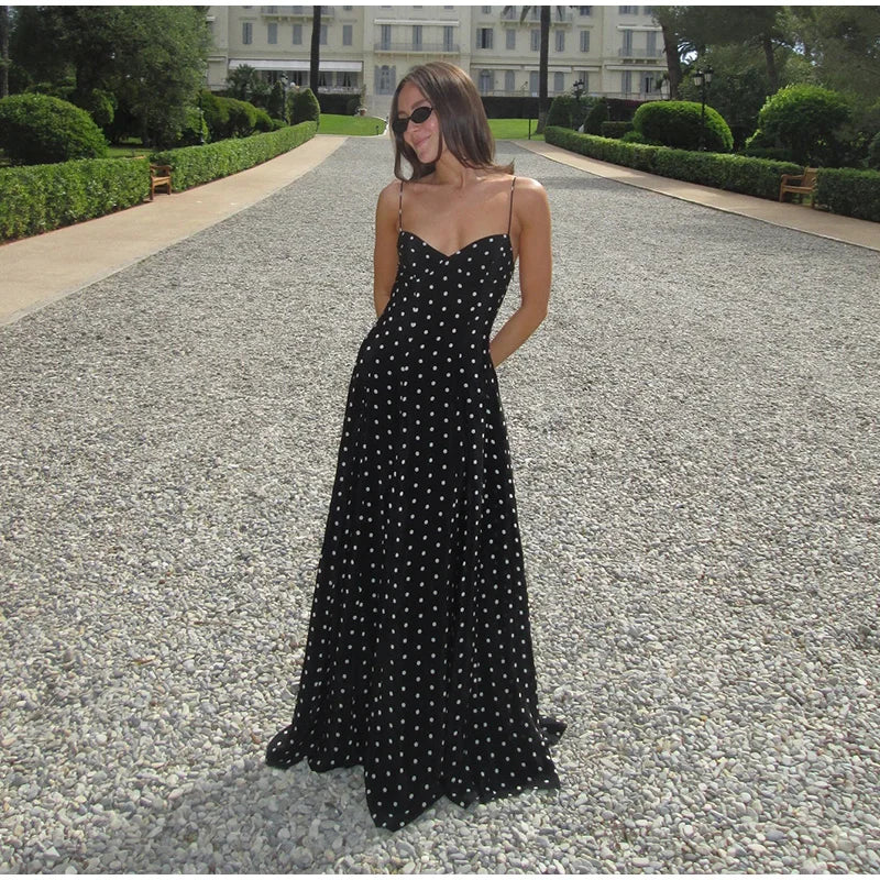 Retro Polk Dot Long Dress With Ribbon Women Sexy Low Cut Sleeveless Pleated Slim Evening Dresses Female Spring Chic Street Party