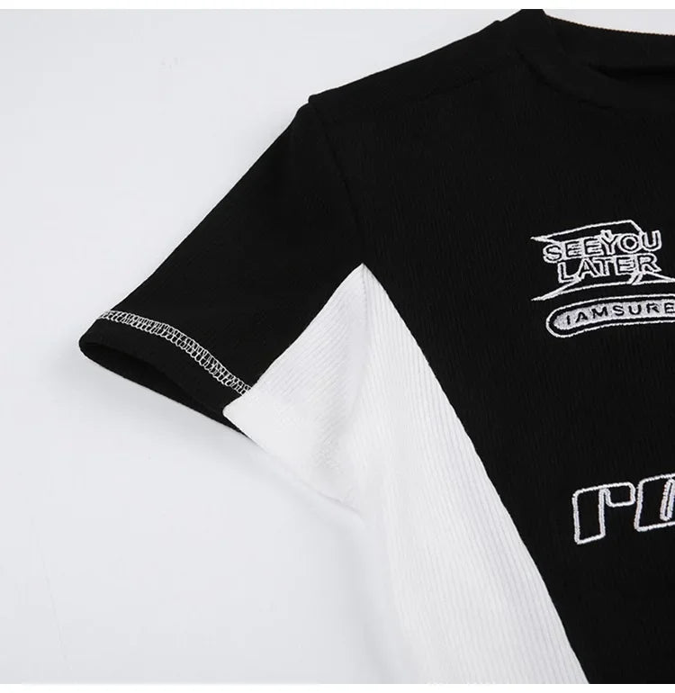 Summer New Pure Desire Spicy Girl Patchwork Contrast Color Embroidery Slimming Zipper Short Sleeve T-Shirt Women's Top