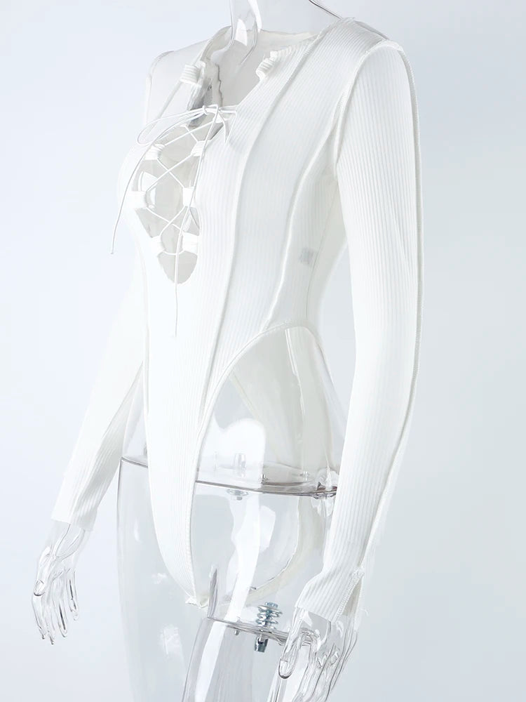 2023 Ribbed Knitted Long Sleeve Tie Up Sexy Bodysuit Bandage Patchwork Bodycon Club Party Body Women Outfit High Waist Top