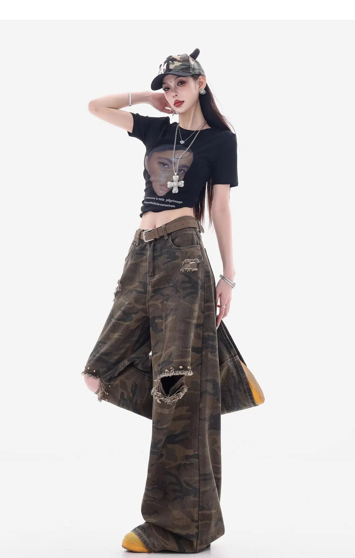 Meigao Street Ripped New Retro Loose Camouflage Ripped Jeans Women's Design Straight-Light Wide Legs