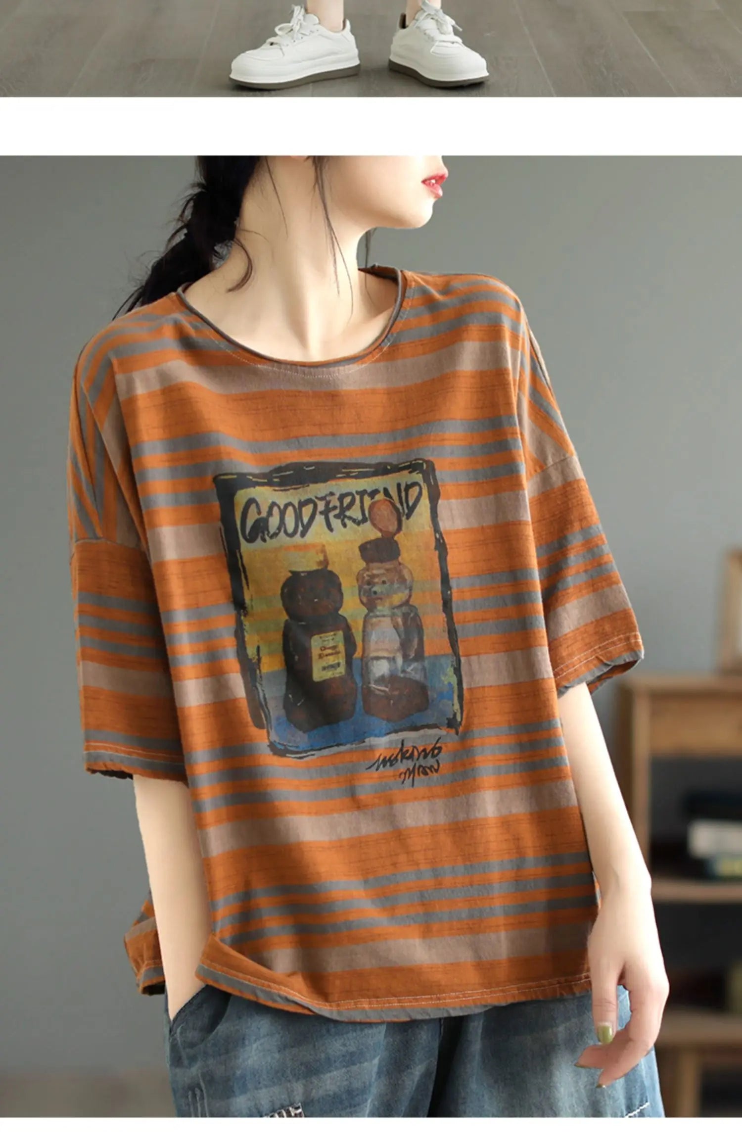 plus Size Women's Cotton T-irt ort Sve Slimming Top Summer Street Sle Printed round Ne Loose Fit Casual Wear