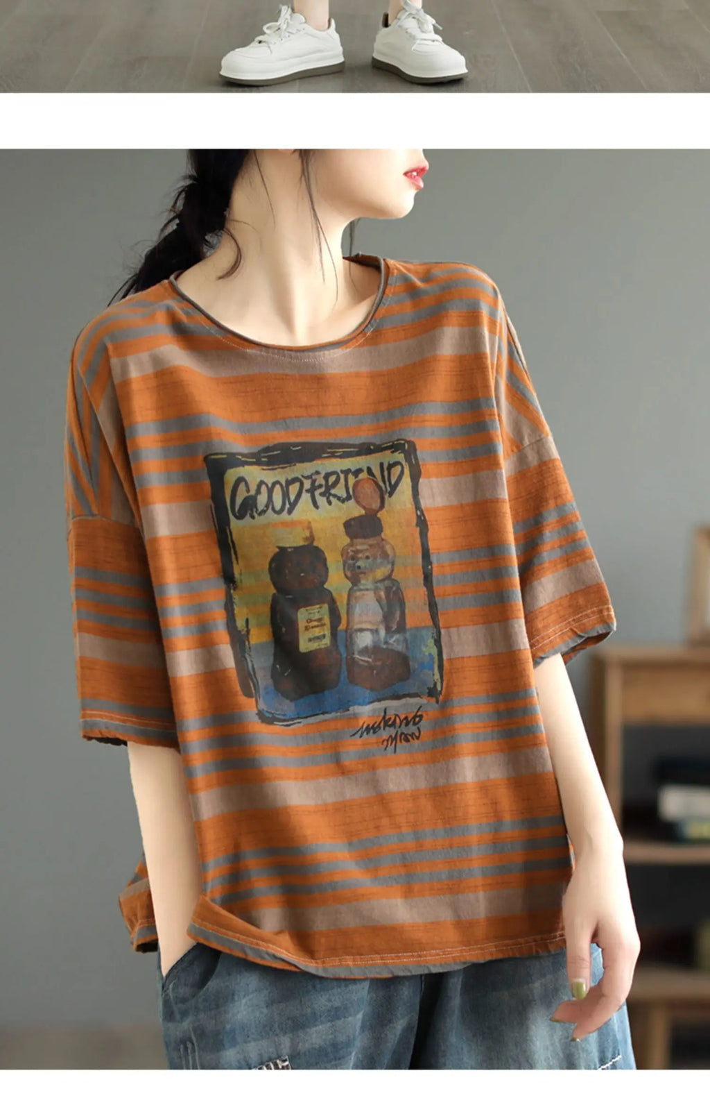 plus Size Women's Cotton T-irt ort Sve Slimming Top Summer Street Sle Printed round Ne Loose Fit Casual Wear