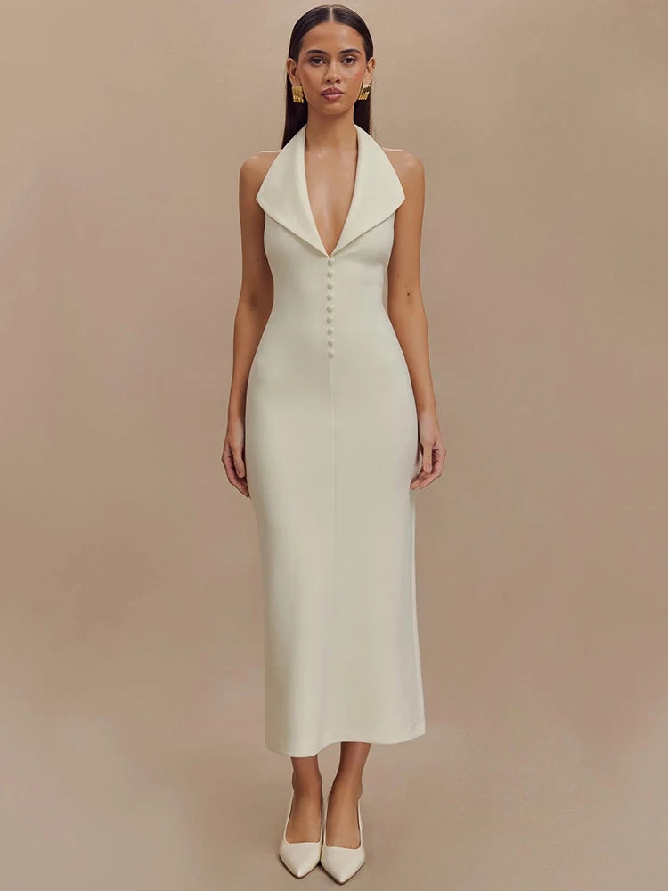 Mozision Halter Deep V Neck Sleeveless Sexy Maxi Dress For Women Elegant Backless Bodycon Tank Dress Femme Fashion Long Dress