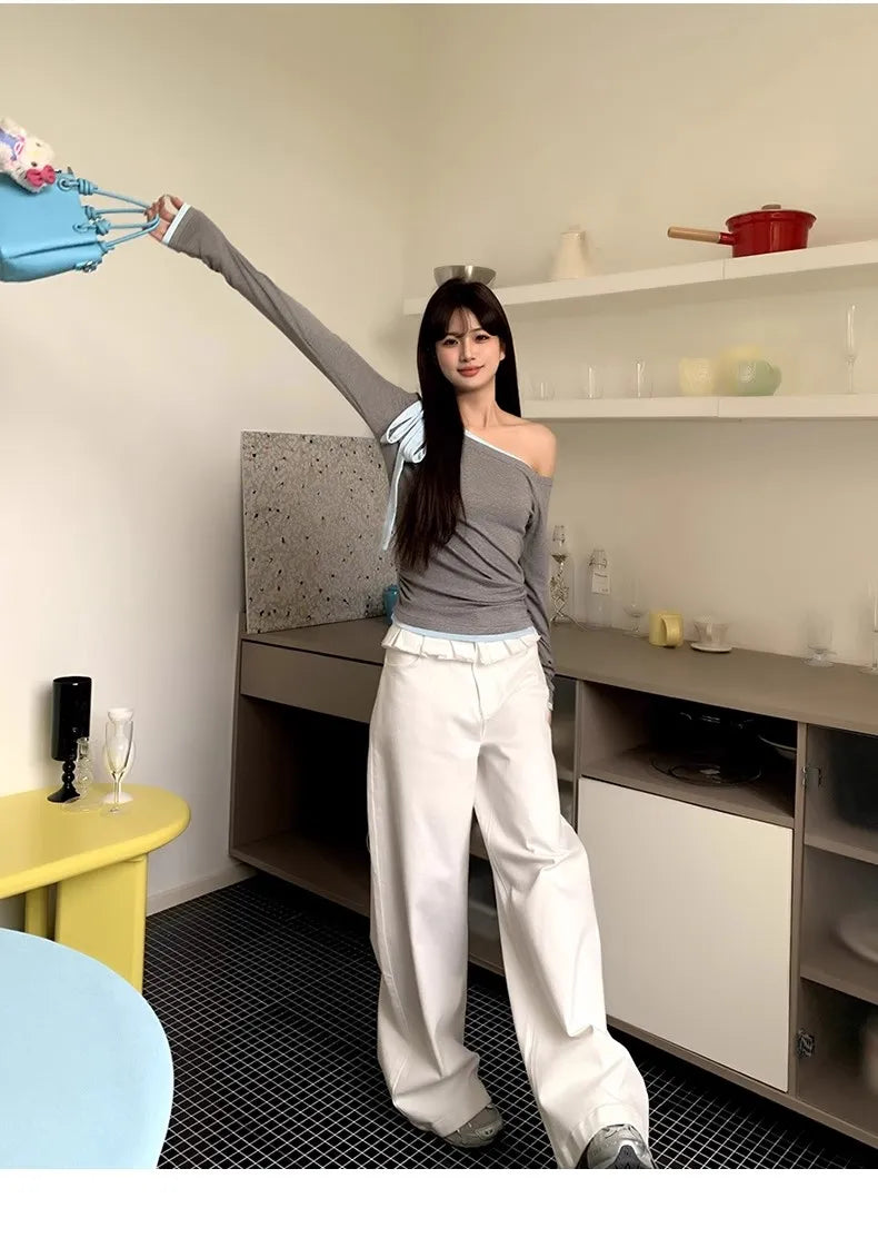 Casual Patchwork Pleated Wide Leg Pants Loose Solid High-Waisted Straight Pants Women Fashion Streetwear Lady Jeans