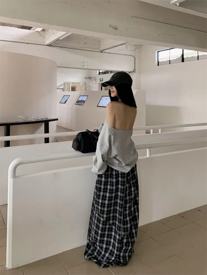 Zoki Sexy Halter Sweatshirt Women Streetwear Off Shoulder V Neck Pullovers Vintage Loose Backless Design Female Korean Tops New