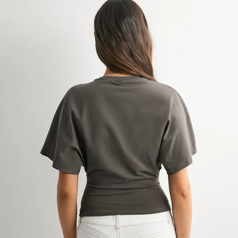 CUTENOVA Women'S Summer Loose Short-Sleeved T-Shirt Tops Waist Slimming Sweet And Hottie Design Sense Positive Shoulder Top