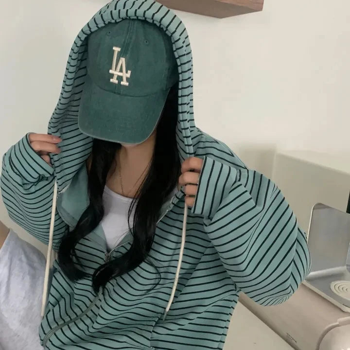Spring 2025 Women's Chic Loose Casual Lazy Sle Striped Hooded Jaet with ket Open Cardigan Sweatirt Comfortable Fit