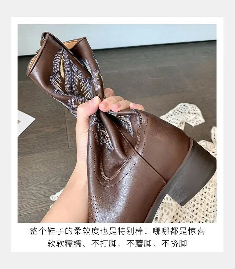 Fall Women Mid-calf Boots 2025 Vintage Leather-covered Brown Western Cowboy Boots Embroidered Chunky Heel Thigh-high Knight Boot