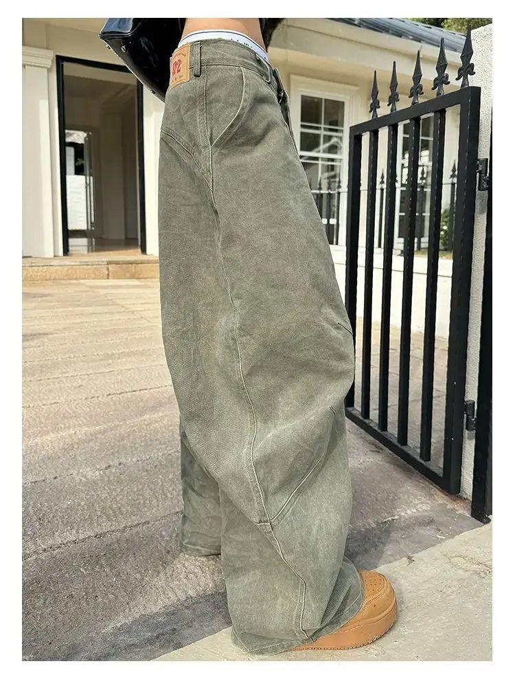 HOUZHOU Y2K Vintage Wash Women Cargo Jeans Harajuku Scimitar Wide Leg American Retro Denim Pants Baggy Trousers Gyaru Streetwear