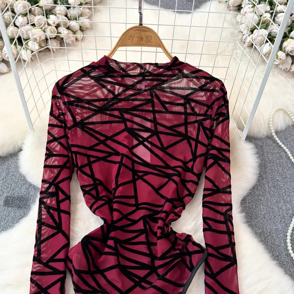Foamlina Sexy Hollow Out Mesh Bodysuits for Women Fashion Striped Print Stand Collar Long Sleeve Slim Fit Club Party Jumpsuits