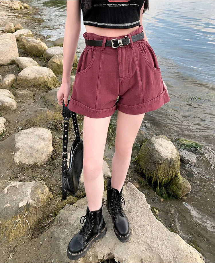 Women's Wine Red Denim Shorts High Waist Wide Shorts Harajuku Streetwear Korean Style Y2k Casual Blue A Line Jean Shorts Summer