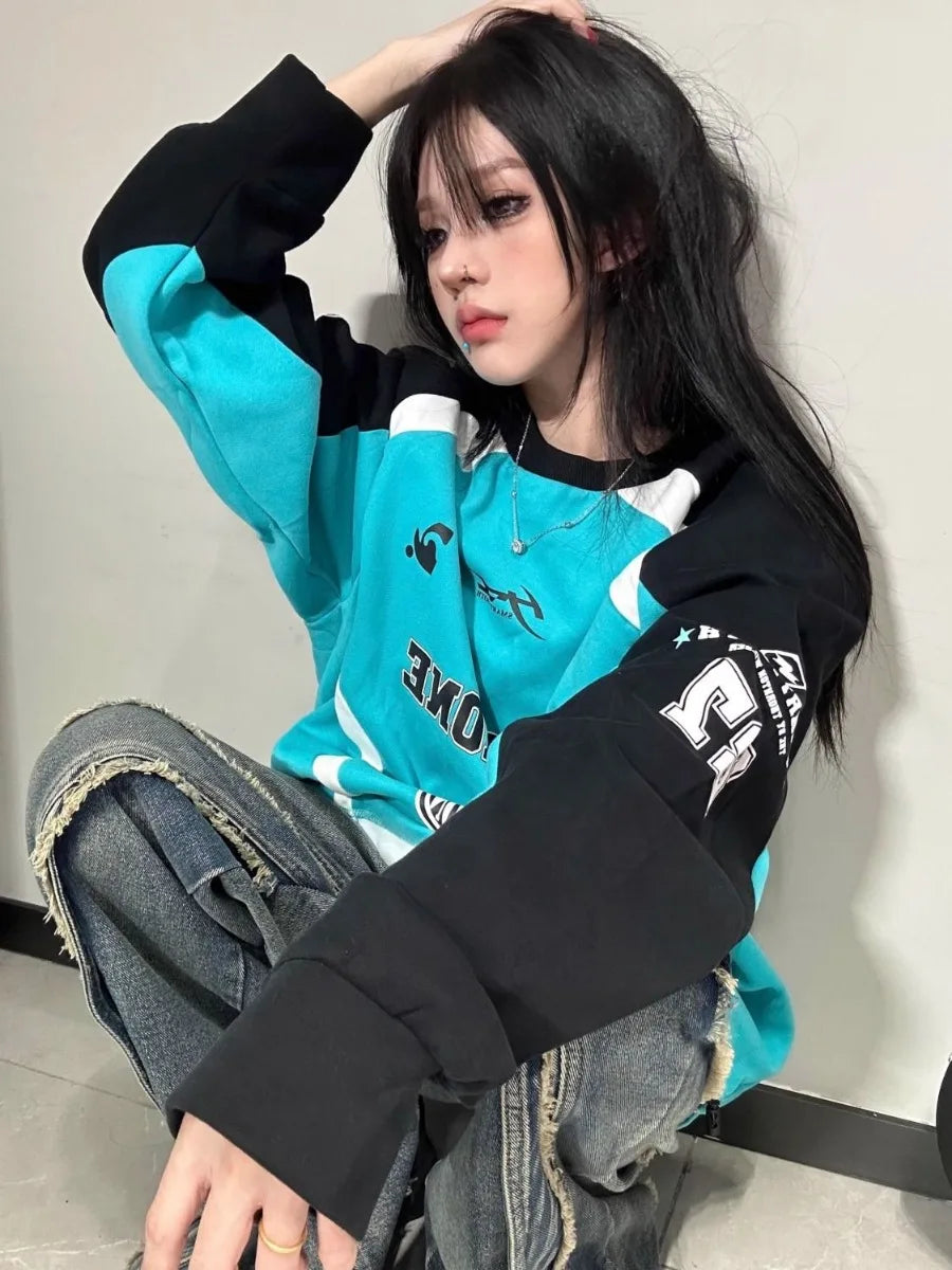 New American Retro Street Brand Color Matching Casual Color Matching Sweater Male Loose Couple Long Sleeve Racing Jacket Female