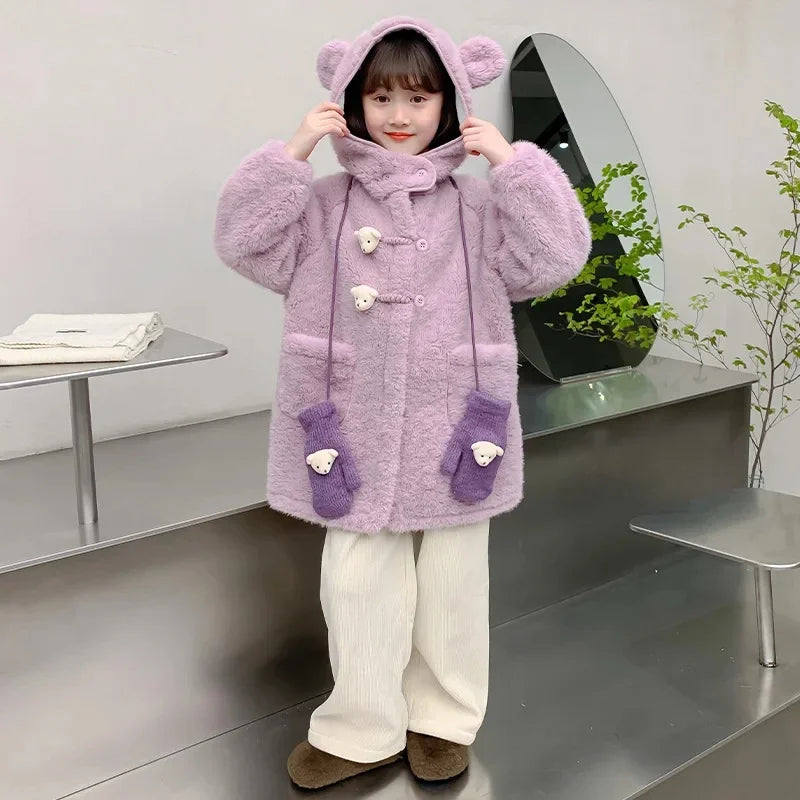 Thickened Fleece Winter Coat for Girls Cartoon Bear Middle-Length Jacket with Gloves Warm Toddler Baby Girl Outerwear