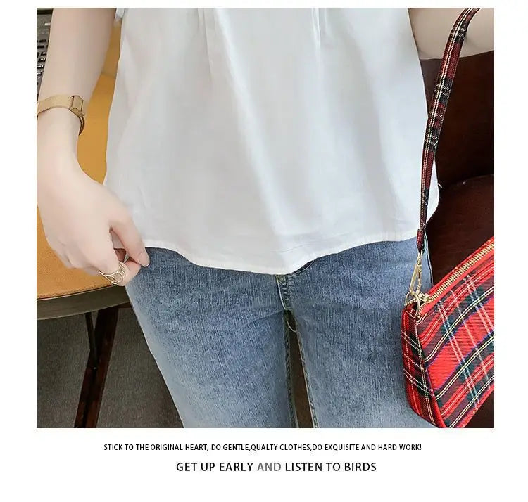 Women Clothing Summer Korean Fashion Embroidered Solid Color Square Collar Puff Sleeve Femme All-match Pleated Short Sleeve Tops