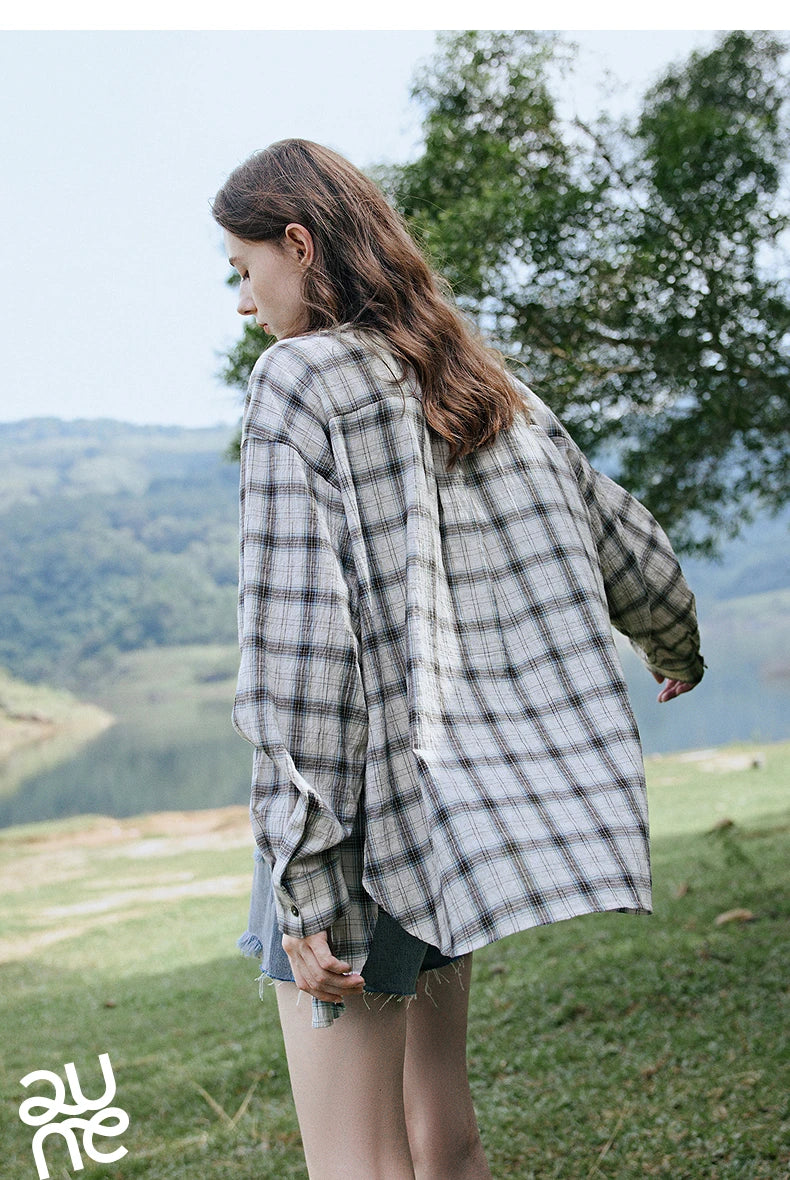 TOYOUTH Women Long Sleeve Blouse Shirt 2025 Spring New Cotton Plaid Retro Turn Down Collar Casual Shirt Tops