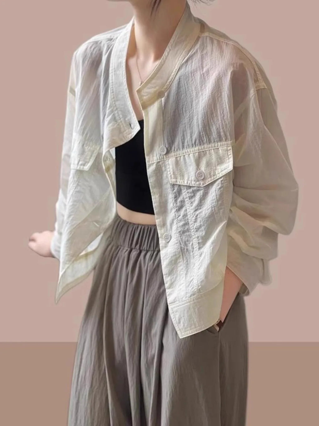 Women's ort Breathable Faion irt Thin Summer New Design Chic Stand Collar Trendy Top Korean Sle Long Sve Button up