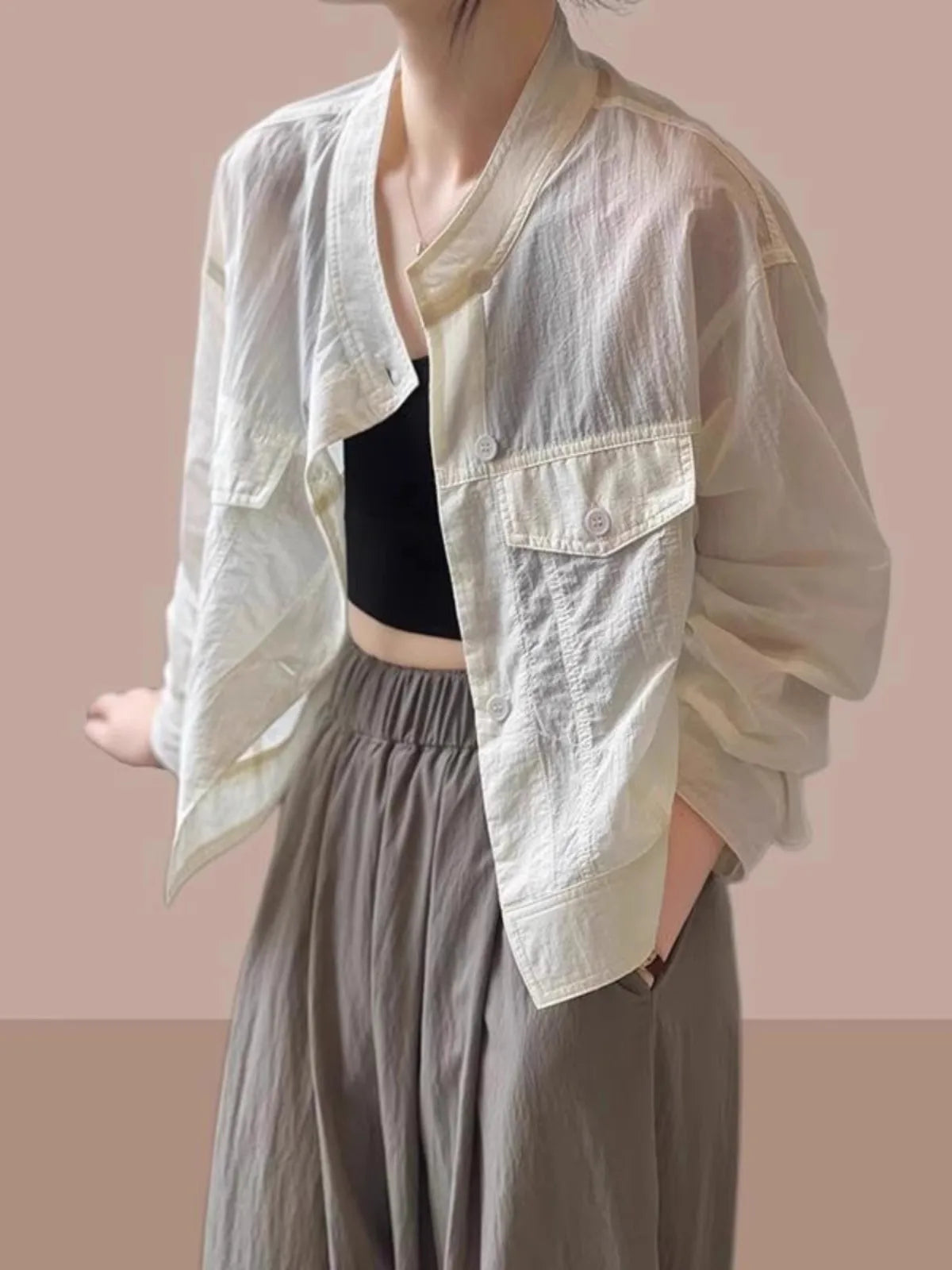 Women's ort Breathable Faion irt Thin Summer New Design Chic Stand Collar Trendy Top Korean Sle Long Sve Button up