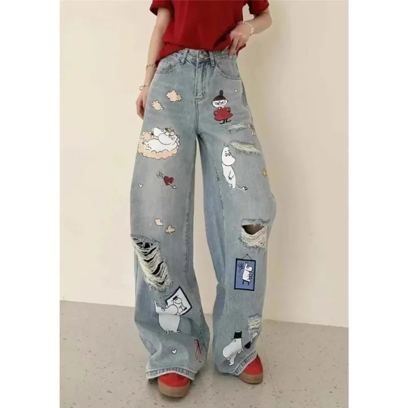 Women's Casual Sweet Ripped Harajuku Loose Fit Jeans Vintage Y2K Damage Emo Cartoon Print Pants Trashy Kpop Denim Trouser