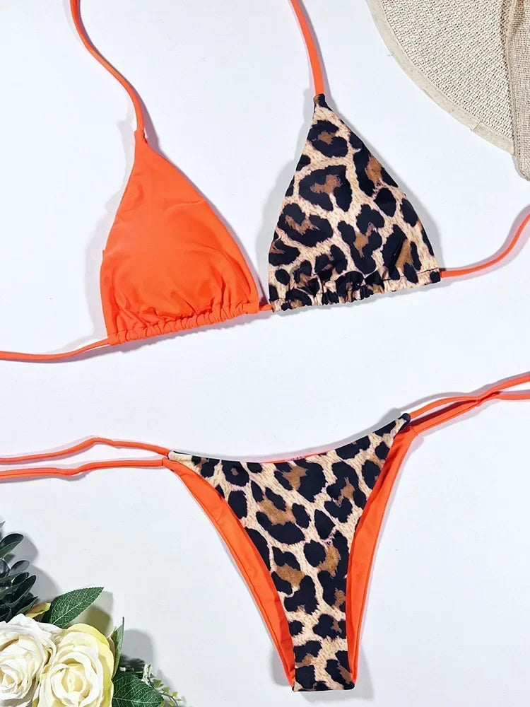 Halter Splicing Leopard Bikinis 2025 Satin Bikini Female Swimsuit Women Swimwear Two-pieces Bikini Set Micro Bathing Suit Swim