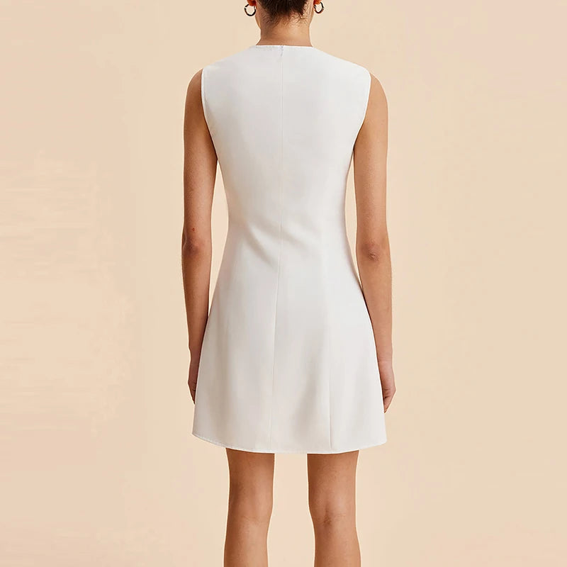 Elegant High Waist Party Dress New O Collar Solid Color Single Breasted Short Dress Office Lady Sleeveless Simple Commute Dress