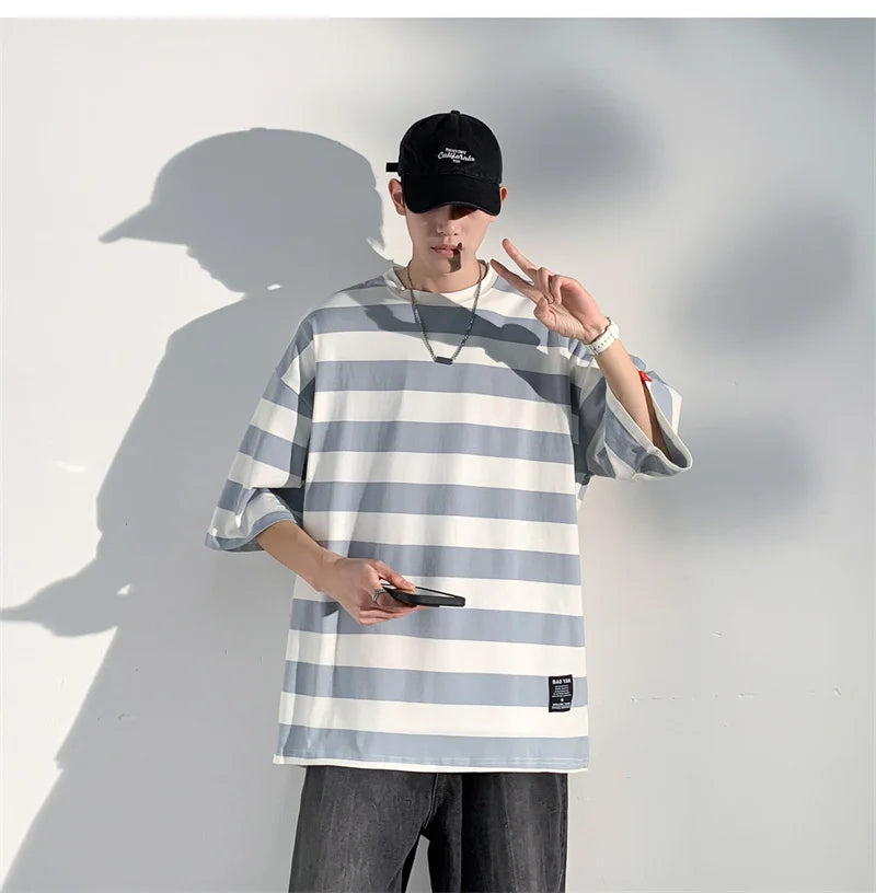 Men's Cotton T-shirt Striped Mens Oversized T Shirts Split Hem Fashion Tee Shirts Casual Wear Summer Tshirt 5XL Big Size for Man