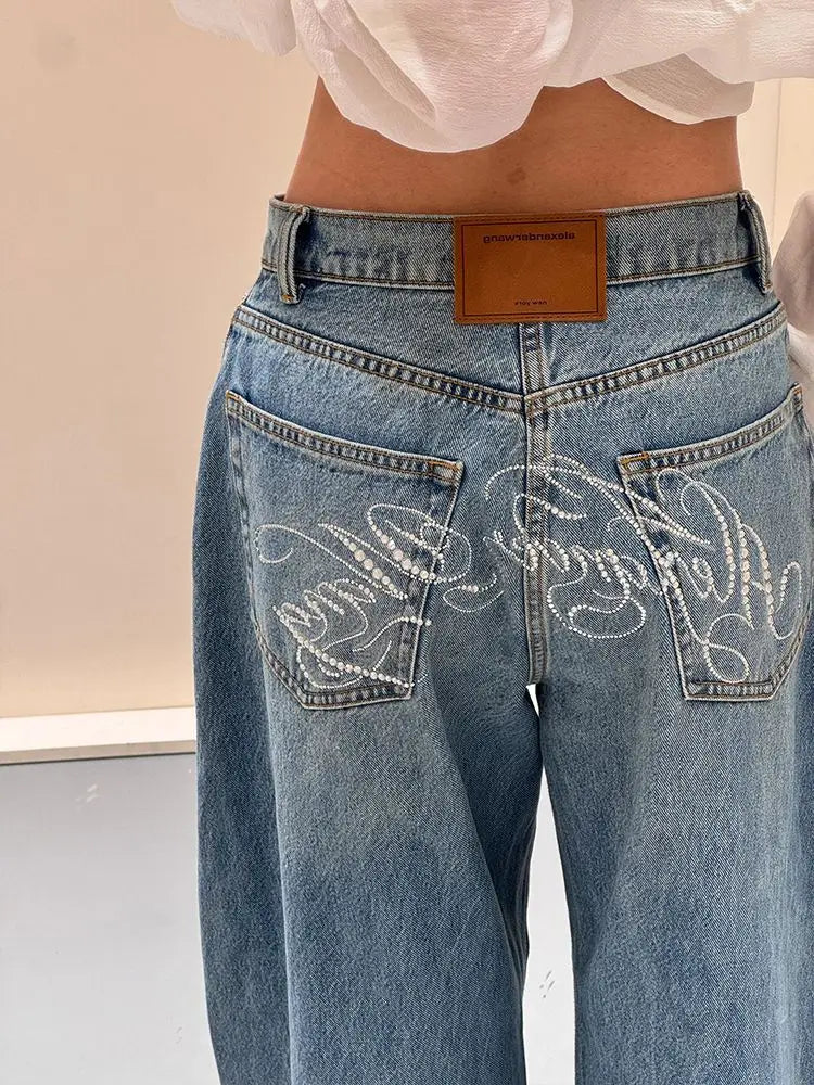 Letter Hot Diamonds High Waited Jeans Woman Street Fashion Baggy Jeans Women Clothing Casual Versatile Pants Women