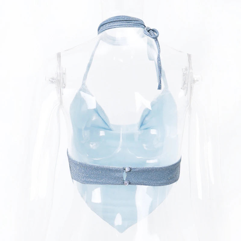 Halter Top Glitter Tanks 2025 Summer Outfits Blue Bright Silk Camis Ruched Top Crop Backless Vests Sexy Tops Cropped Clothes