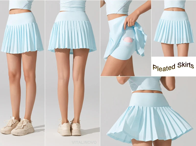 VITALINOVO Pleated Tennis Skirt for Women with Pocket Shorts Women's High Waisted Lightweight Athletic Golf Skorts Skirts Flowy