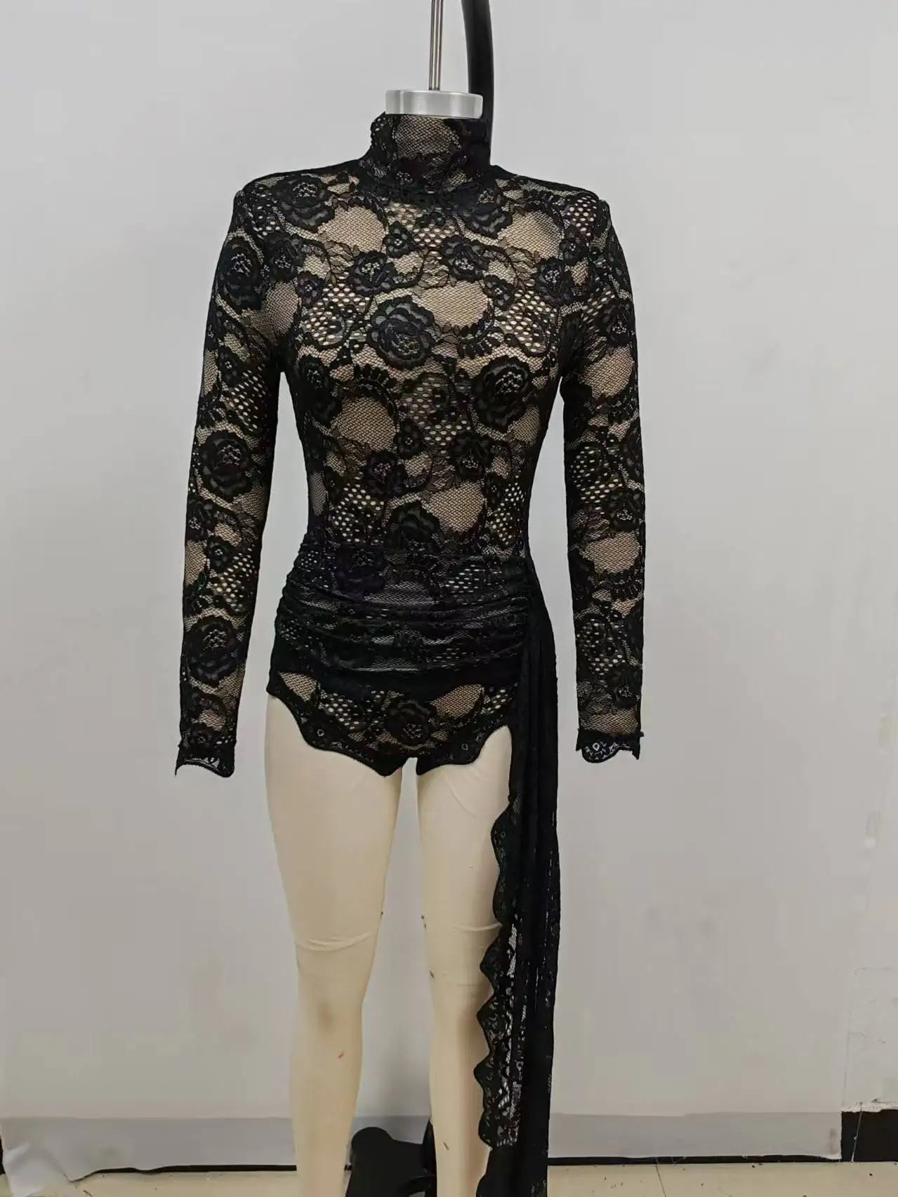 2024 New Autumn White Black Women Sexy Long Sleeve Lace Bodycon Draped Bodysuit Fashion Performance Costume Stage Wear