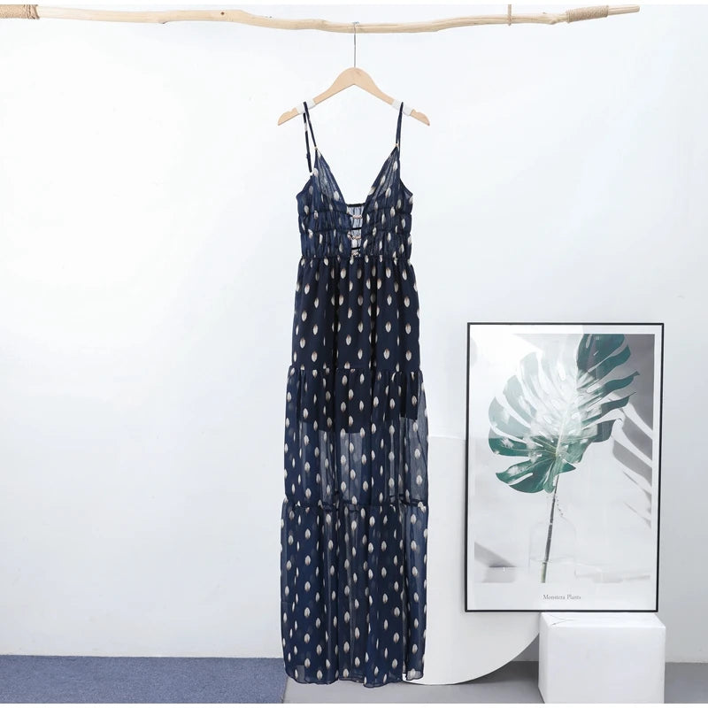 Retro Polk Dot Long Dress With Ribbon Women Sexy Low Cut Sleeveless Pleated Slim Evening Dresses Female Spring Chic Street Party