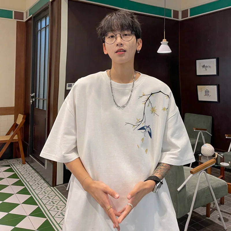 Men's Oversized T-shirts Mens Cotton T Shirt White Casual 5XL Summer Wear Fashion Bird Print Tee Shirts for Men Clothing