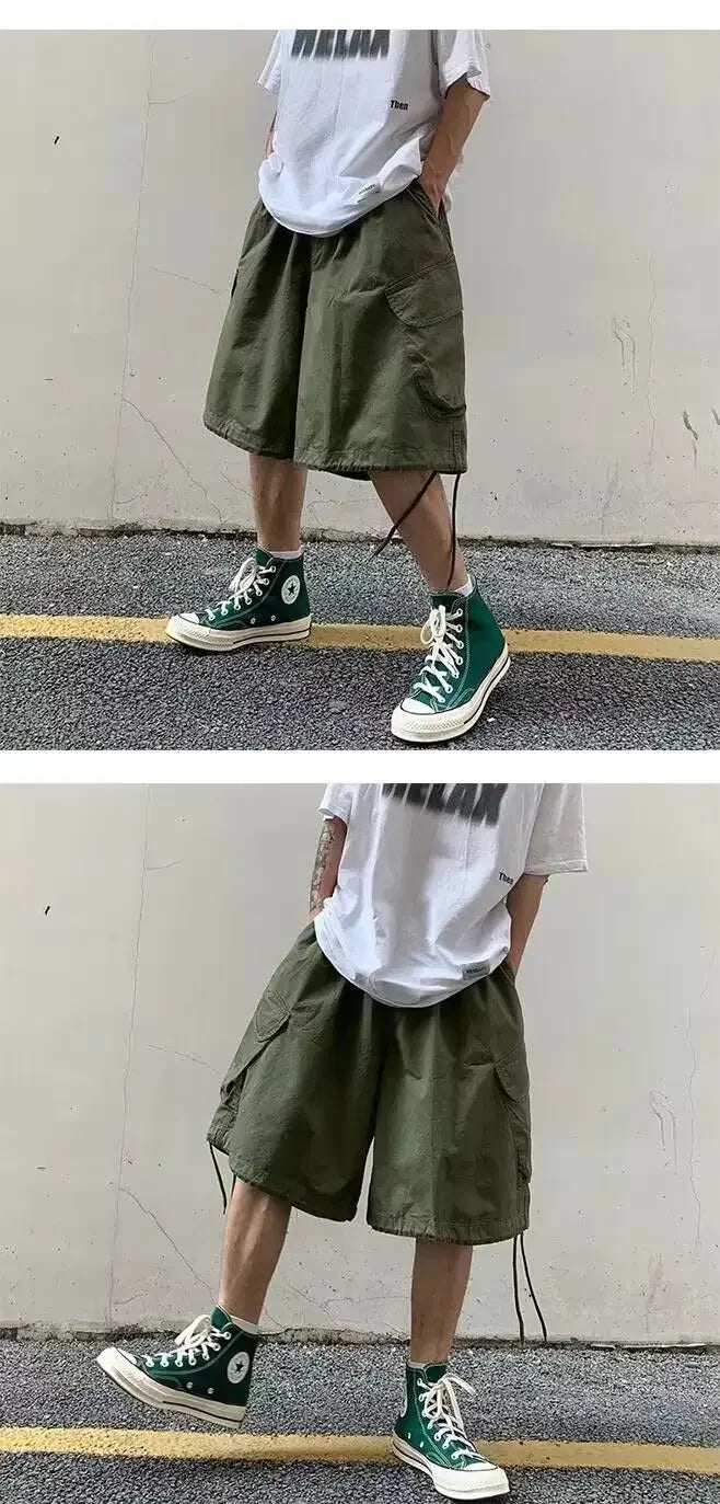 Loose Casual Men's Workwear Shorts Summer Wide Leg Drawstring Five-Quarter Pants Retro Japanese Style Outerwear Shorts