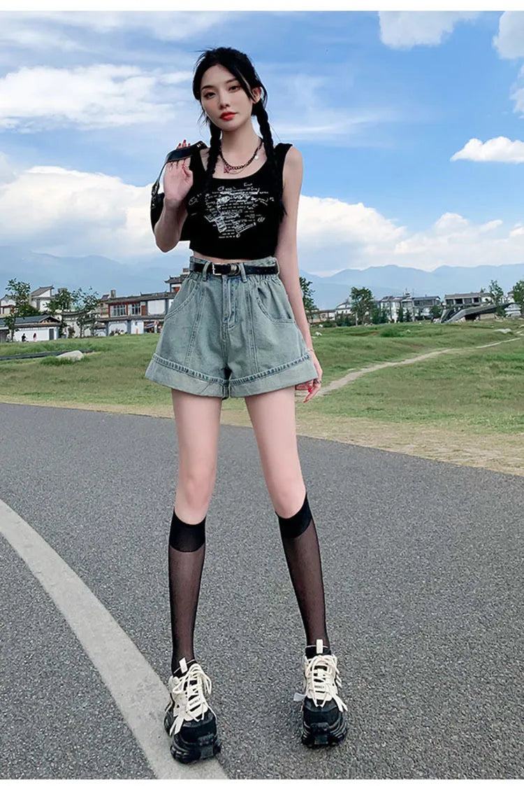 Women's Wine Red Denim Shorts High Waist Wide Shorts Harajuku Streetwear Korean Style Y2k Casual Blue A Line Jean Shorts Summer