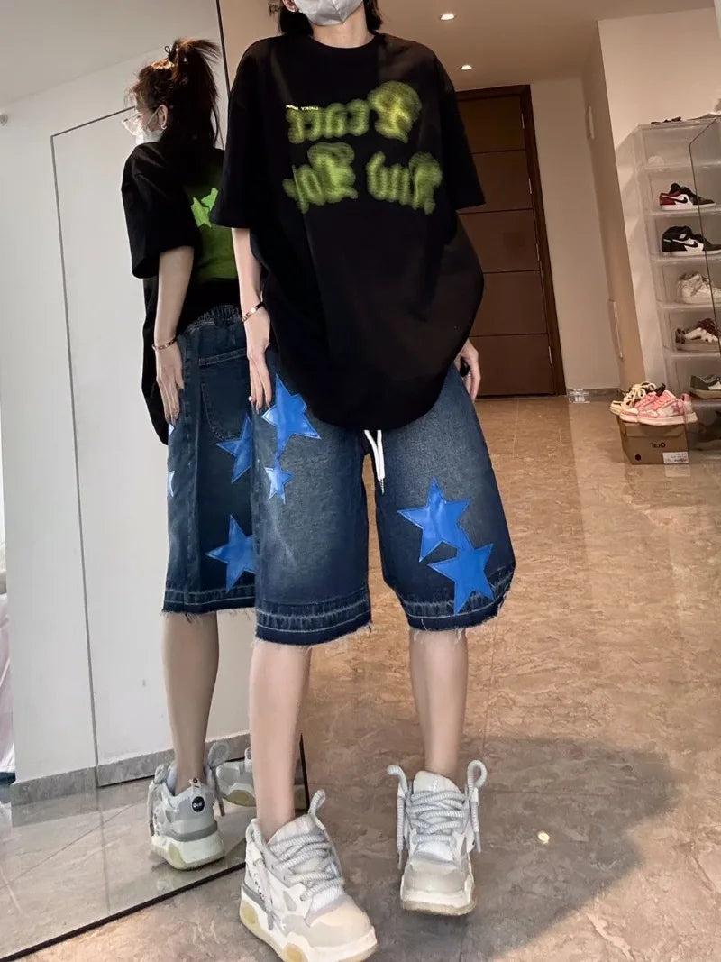Street Trendy Brand Loose Straight Cropped Pants Women American Retro Star Embroidered Denim Shorts Hip Hop Dance Clothing Men