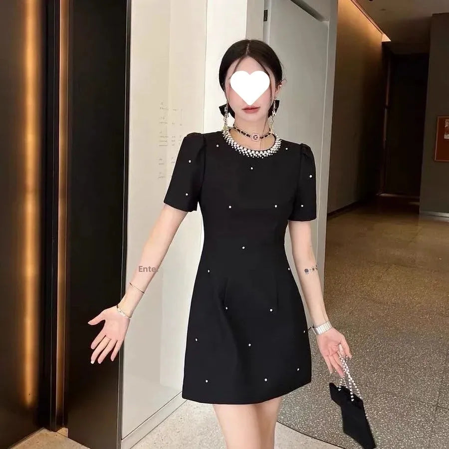 Sweet Elegant round Neck Waist-Cinched Mini Skirt Dress Hepburn Style Beaded New Summer Collection Fashionable Chinese Brand