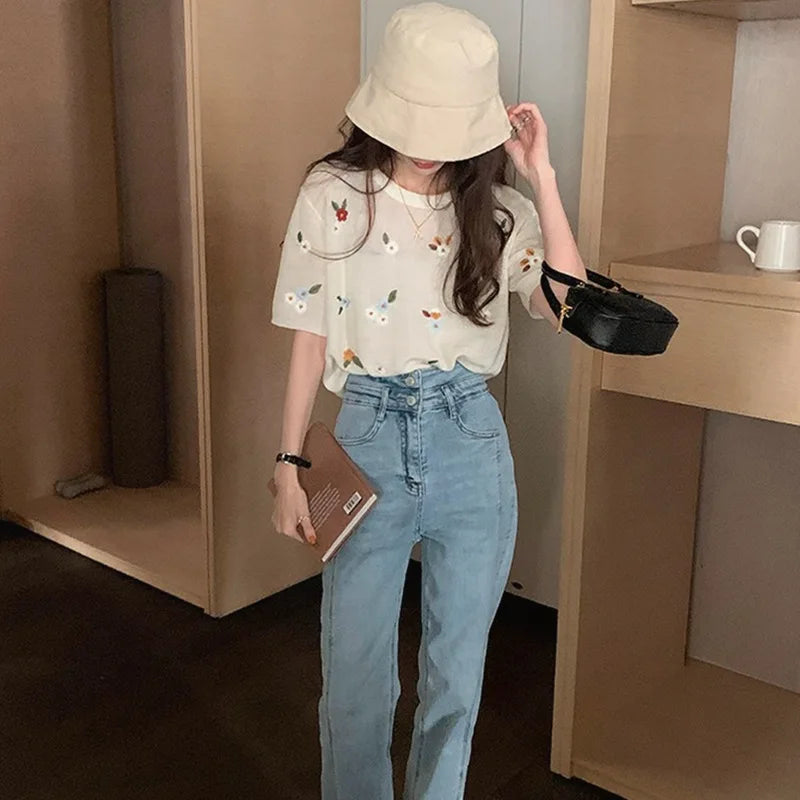 Trendy Ice Silk Knitted Top Women's Embroidery Short Sleeves Heavy Duty Crew Neck Top Niche Design Sensibility