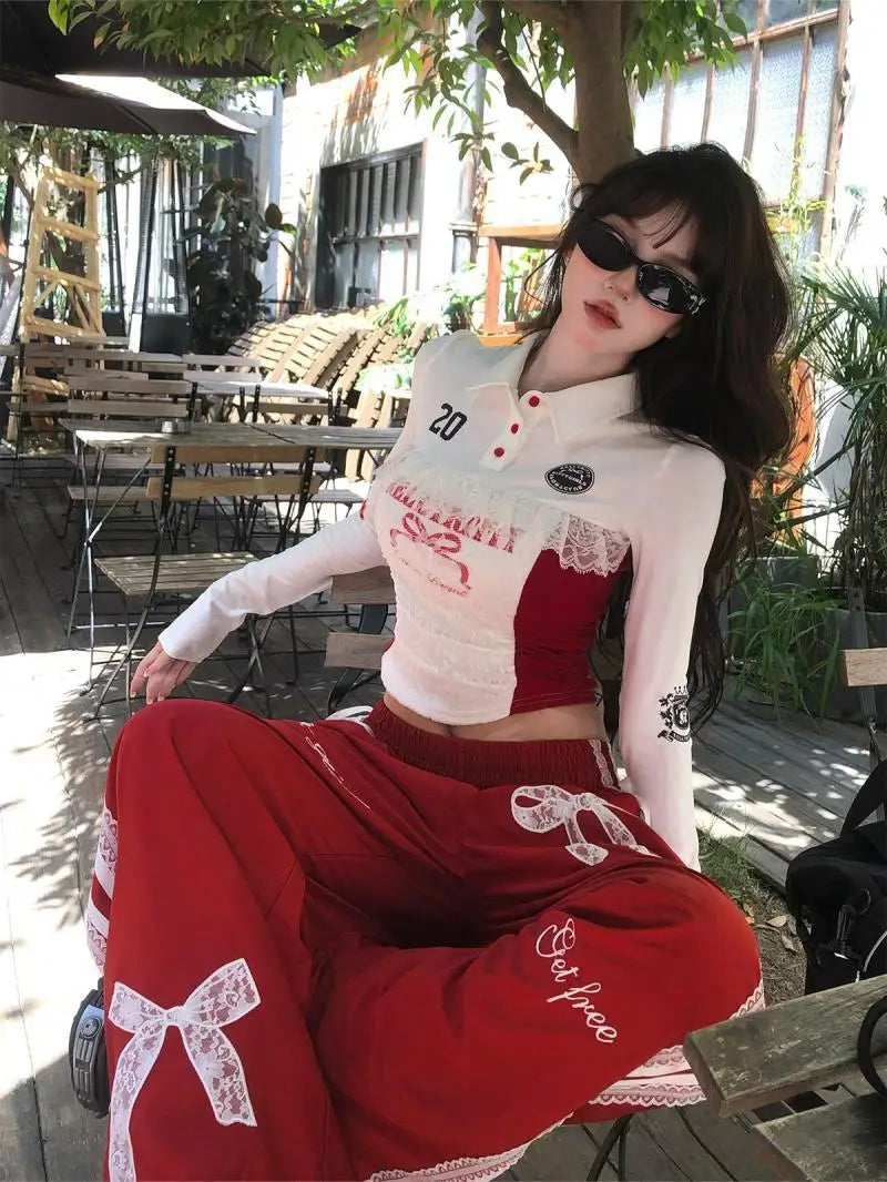 Dophee Original Spice Girls Elastic Waist All-match Loose Straight Wide Leg Pants Cute Bow Printed Splicing Lace Casual Trousers