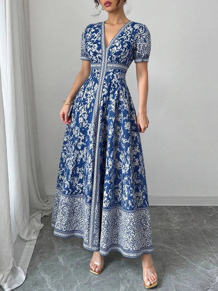 Rafiah Boutique Women's Even Dress 2025 Summer Modest Fashion Short Puff Sleeve V-Neck Chinese Style Graphic Printing Long Dress