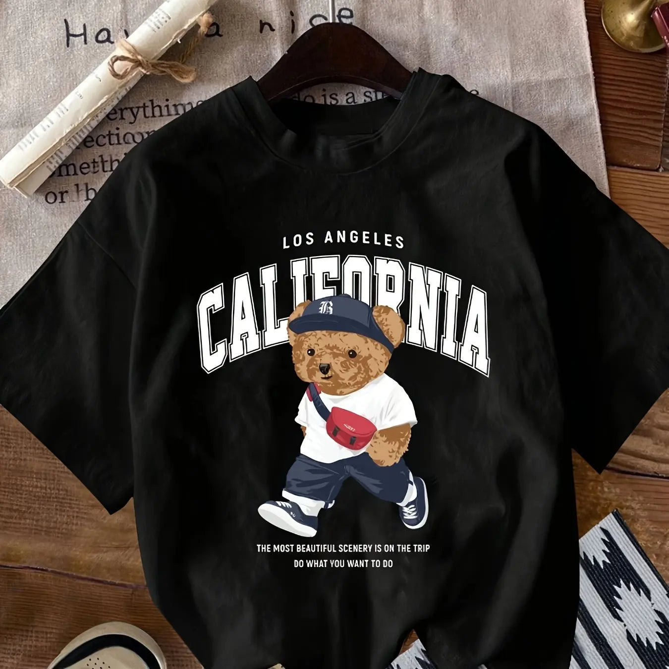 California & Bear Cartoon Print Short Sleeve O-Neck TShirt Spring Summer Top For Women Streetwear Oversized Casual Cotton Tshirt