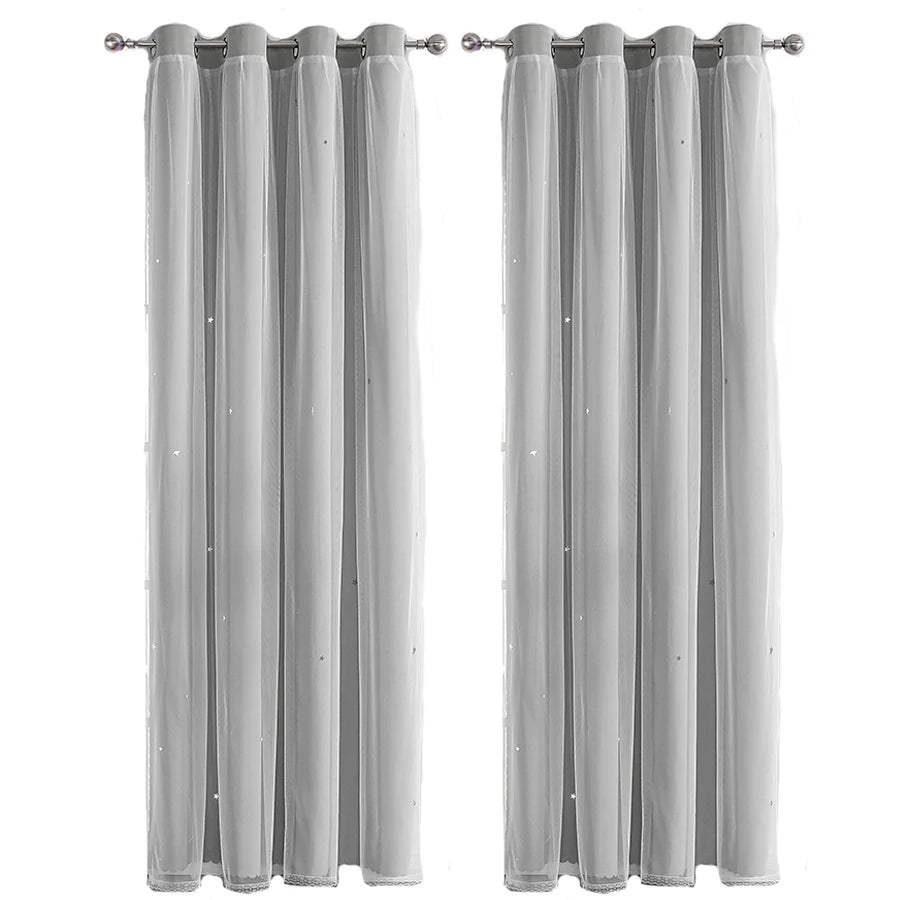 1Pc/2Pcs Girls Double Layer Hollow Out Stars Curtains Princess Romantic Bedroom Decor