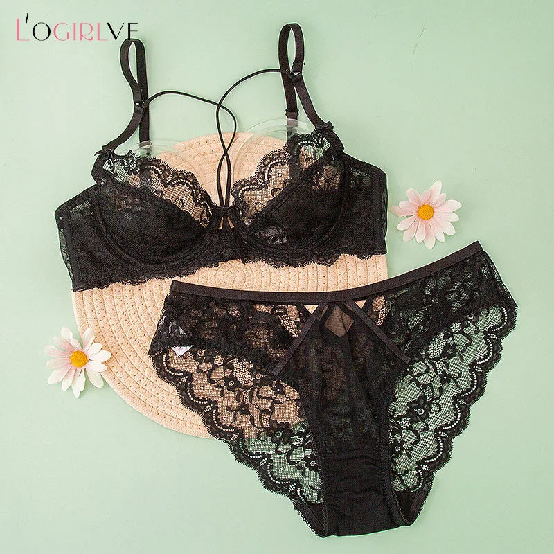 Logirlve Top Ultra-thin Underwear Set Push-up Bra And Panty Sets Hollow Brassiere Gather Sexy Bra Transparent Lace Lingerie Set