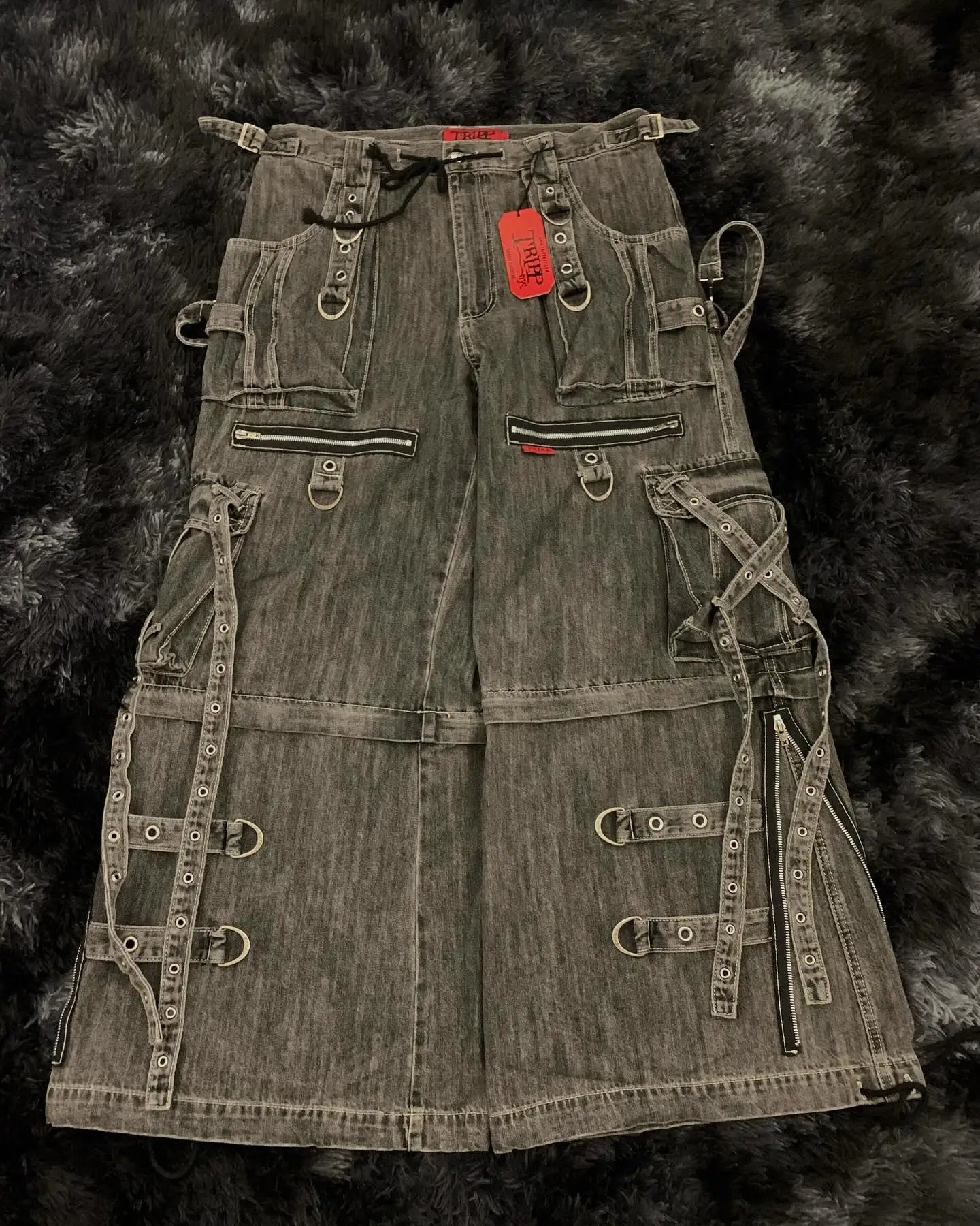 Punk Retro Trendy Strap Jeans Y2k Men Women Hip Hop Multi Pocket Baggy Denim Pants Fashion Patchwork Cargo Trouser Streetwear