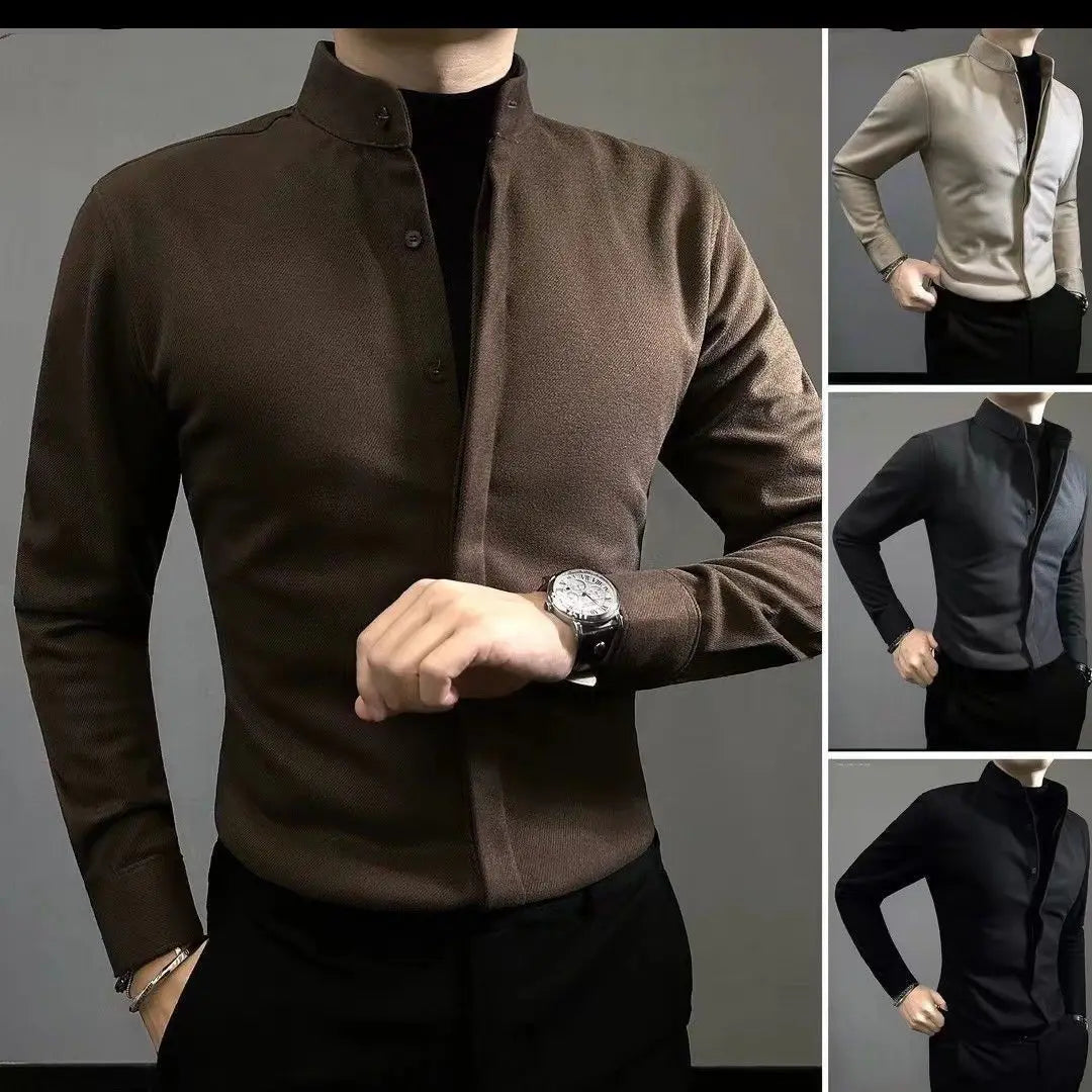Woolen Warm Men's Long Sleeved Shirt New High-end Light Luxury Slim Fit Versatile Handsome Shirt
