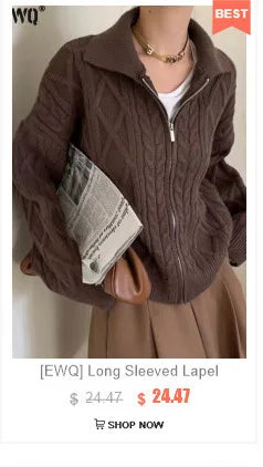 [EWQ] Big Size Long Sleeve Hooded Zipper Decorate Blue Knit Cardigan Women Thick Sweater Jacket 2024 Autumn New Fashion 16O2559