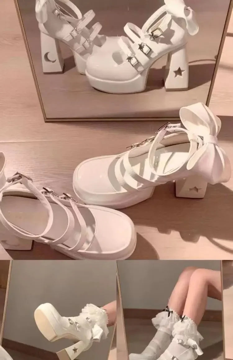 Mary's Spring New Women's Fashionable Thick Heel Bow Hollow Out Line Toe Flats Summer Season Flat Heel Women's Shoes