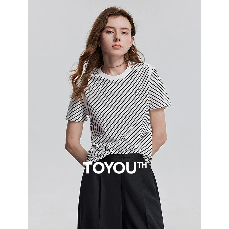 TOYOUTH Women Short Sleeve Striped T shirt 2025 Spring New Tops 8521021