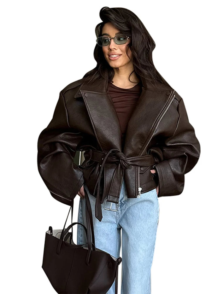 With Belt Leather Jacket Coat Lace Up Waist Cinched Suit Collar Slimming Zipper Biker Jackets Outwear Women Overcoat Streetwear